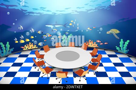 Tisch und Stühle im Aquarium in der Halle Stock Vektor