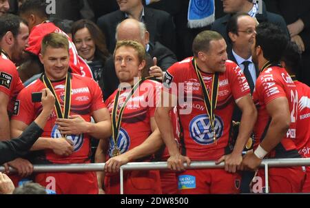 Jonny Wilkinson von RC Toulon beim Finale der französischen Top 14 Rugby Union zwischen Castres Olympique und RC Toulon im Stade de France Stadion in Saint-Denis, außerhalb von Paris, am 31. Mai 2014. Die englische Legende Jonny Wilkinson spielte eine Hauptrolle in seinem letzten Spiel als Profi, als Toulon den französischen Top 14-Titel zu ihrer europäischen Krone mit einem 18-10-Sieg über die Besitzer Castres am Samstag hinzufügte. Foto Christian Liewig /ABACAPRESS.COM Stockfoto