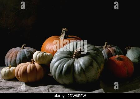 Bunte Kürbisse Kollektion verschiedene Größen und Sorten auf Leinen Tischdecke. Dunkles Stillleben. Herbsternte. Stockfoto