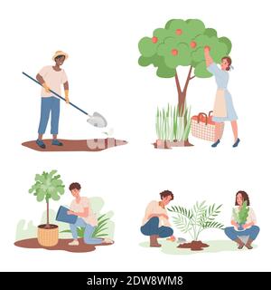 Gartenarbeit, Landwirtschaft Gärtner Hobby Vektor flache Illustration. Gruppe von glücklich lächelnden Menschen arbeiten im Garten, Bewässerung und Pflanzen, Ernte Apfelernte, Pflanzen graben. Stock Vektor