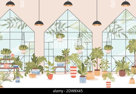 Flower Shop Vektor flache Innenarchitektur mit großen Fenstern. Verschiedene Heim- und Outdoor-Pflanzen und Bäume auf Regalen und Ständen. Landwirtschaft Gärtner Hobby, Gartengeschäft Illustration. Stock Vektor