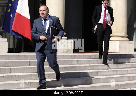 Der Vorsitzende des französischen Arbeitgeberverbandes Medef, Pierre Gattaz, verlässt am 12. juni 2014 ein Treffen mit dem französischen Präsidenten im Elysee-Palast. Foto von Stephane Lemouton/ABACAPRESS.COM Stockfoto