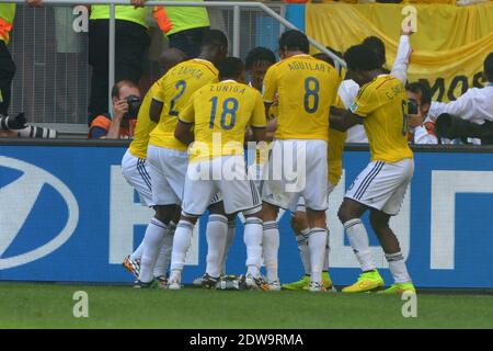 Der kolumbianische Juan Fernando Quintero Joy nach dem Tor 2-0 während der Fußball-WM 2014 erste Runde Gruppe D Spiel Kolumbien gegen Elfenbeinküste im Nationalstadion, Brasilia, Brasilien , am 19. Juni 2014. Kolumbien gewann 2:1. Foto von Henri Szwarc/ABACAPRESS.COM Stockfoto