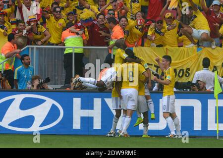 Der kolumbianische Juan Fernando Quintero Joy nach dem Tor 2-0 während der Fußball-WM 2014 erste Runde Gruppe D Spiel Kolumbien gegen Elfenbeinküste im Nationalstadion, Brasilia, Brasilien , am 19. Juni 2014. Kolumbien gewann 2:1. Foto von Henri Szwarc/ABACAPRESS.COM Stockfoto