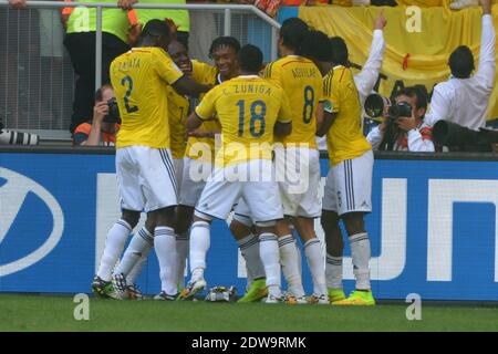 Der kolumbianische Juan Fernando Quintero Joy nach dem Tor 2-0 während der Fußball-WM 2014 erste Runde Gruppe D Spiel Kolumbien gegen Elfenbeinküste im Nationalstadion, Brasilia, Brasilien , am 19. Juni 2014. Kolumbien gewann 2:1. Foto von Henri Szwarc/ABACAPRESS.COM Stockfoto