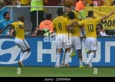 Der kolumbianische Juan Fernando Quintero Joy nach dem Tor 2-0 während der Fußball-WM 2014 erste Runde Gruppe D Spiel Kolumbien gegen Elfenbeinküste im Nationalstadion, Brasilia, Brasilien , am 19. Juni 2014. Kolumbien gewann 2:1. Foto von Henri Szwarc/ABACAPRESS.COM Stockfoto