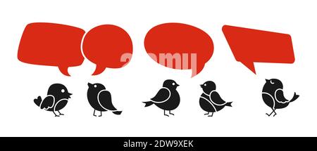 Vögel kommunizieren mit Dialog Sprechblase eingestellt. Black Bird, Rabatt bieten rote Blase. Leere Comic-Design-Elemente, Chat-Banner, Seitenvorlage. Vektor-Illustration für Werbeaktion zur Benachrichtigung über den Verkauf Stock Vektor