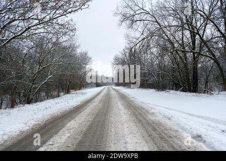 Verschneite Autobahn Straße durch den Wald und Bäume, Wintersaison Stockfoto
