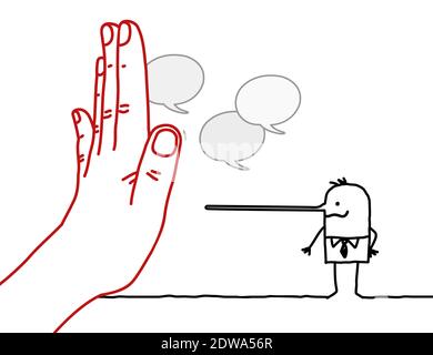 Hand Drawn Big Hand with Cartoon Character - Stop Sign Einem Lügner mit langer Nase gegenübergestellt Stock Vektor