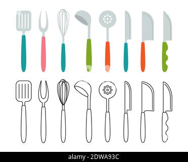 Küchengeräte Gabel Schneebesen, Löffel Utensilien Cartoon-Set. Moderne Küchengeräte flache Kochgeschirr, Geräte. Symbol für die Sammlung handgezeichneter Utensilien. Corolla, Schaufel, Fleischmesserspatel. Vektorgrafik Stock Vektor