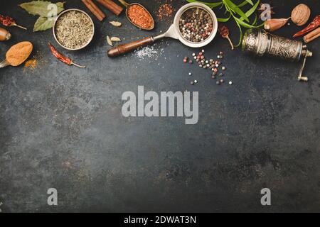 Gewürze und Vintage pepper Grinder auf dunklem Hintergrund, Flach, Platz für Text Stockfoto