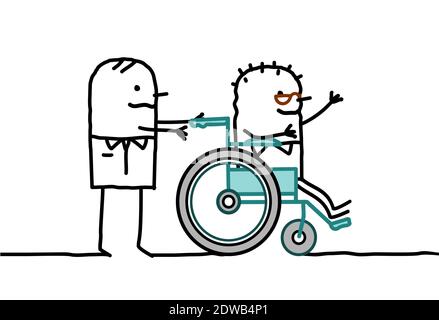 Hand gezeichnet Cartoon Mann hilft einem behinderten alten in Ein Rollstuhl Stock Vektor