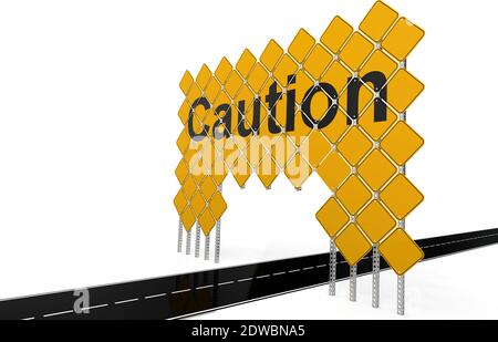 Riesige gelbe Straßenschilder mit Vorsicht Wort, 3D-Rendering Stockfoto