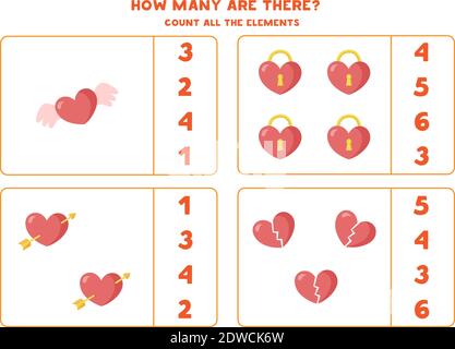 Zählen Sie alle Valentine Herzen. Mathe-Spiel für Kinder. Arbeitsblatt für die Zählung von Vorschulkinder. Stock Vektor