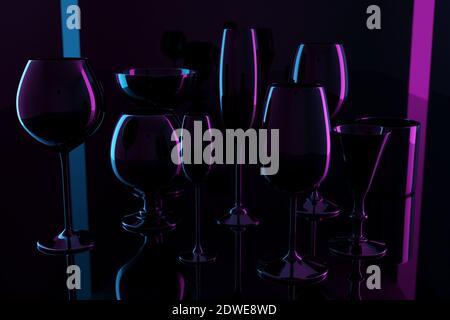 3d-Illustrationen von Gläsern für Champagner, Whiskey, Cognac. Weingläser für Alkohol auf schwarzem isolierten Hintergrund unter Neonlicht Stockfoto