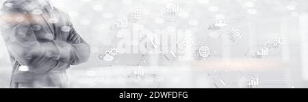 Grafiken und Symbole auf dem Hologramm angezeigt. Mixed Media Website Business horizontale Hintergrund Stockfoto