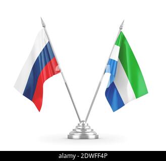 Sierra Leone und Russland Tischflaggen isoliert auf weißem 3D Rendering Stockfoto