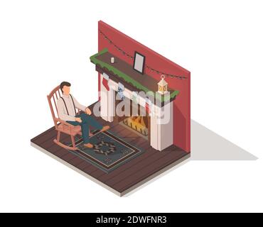 Vektor isometrische Illustration des Menschen im Schaukelstuhl hinter dem Kamin. Retro-Style im Vintage-Look. Isoliert. Stock Vektor