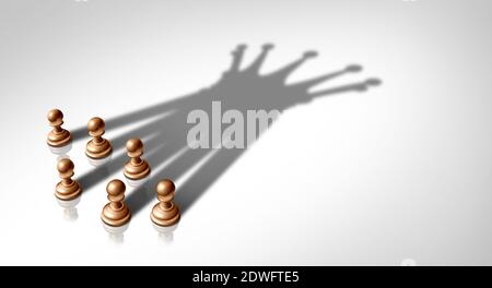 Führung aus Teamarbeit und Business-Team-Leader-Konzept und Gruppenkonzept als organisierte Gesellschaft von Schachfiguren, die Kräfte bündeln und arbeiten. Stockfoto