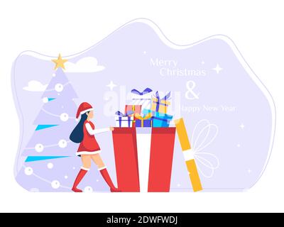 Weihnachten Silvester Grüße Design-Konzept. Frau öffnet Geschenkbox. Verwendet für Web, Plakate, Flyer. Flache Vektor. Stock Vektor