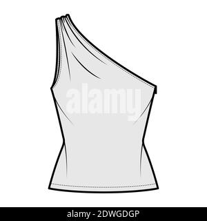 Top One-Shoulder mit Rüschen Tank technische Mode-Illustration mit taillierten schlanken Körper, Tunika Länge. Flach außen Hemd Bekleidungsschablone vorne, grau. Frauen, Männer Unisex CAD mockup Stock Vektor