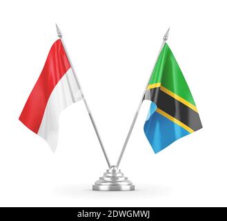 Tansania und Indonesien Tischflaggen isoliert auf weißem 3D-Rendering Stockfoto