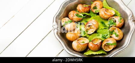 Leckere Schnecken in Vintage-Tray.gefüllte Escargots.Frankreich Essen Stockfoto