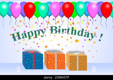 Geburtstagskarte. Inschrift Happy Birthday, Geschenkboxen und bunte Luftballons Stockfoto