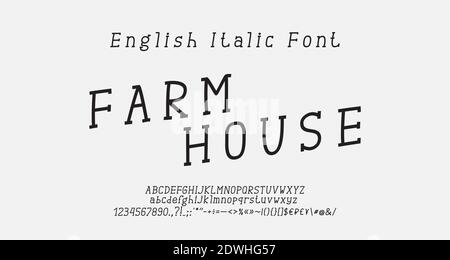 Original handgezeichnete serif italic Schriftart. Schwarze dünne lineare kondensierte Buchstaben, Zahlen, Symbole und Marken. Kreative Typografie. Stock Vektor