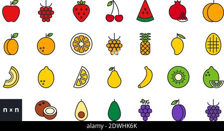 Satz von Vektor-linearen Farbsymbolen. Früchte und Beeren. Kontur, Form, Kontur. Dünne Linie. Modernes, minimalistisches Design Stock Vektor