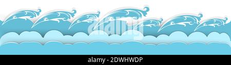 Papier bunte Wellen Rahmen isoliert auf weißem Hintergrund. Abstraktes horizontales Banner mit stilisiertem Cartoon Meer oder Meereswellen im Cut Paper Art Stil. Stock Vektor