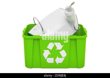 Recycling-Papierkorb mit Vernebler, 3D-Rendering isoliert auf weißem Hintergrund Stockfoto