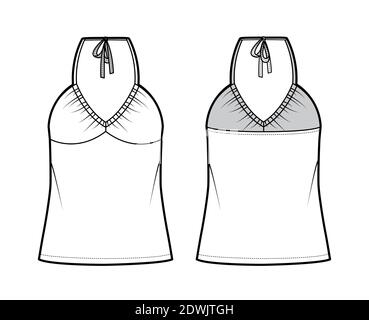 Top V-Ausschnitt Halfter Tank technische Mode-Illustration mit Empire-Naht, dünnen Tunika, überdimensioniert, Schleife, Tunika Länge. Flach außen Schablone vorne, hinten, weiß. Frauen Männer Unisex CAD mockup Stock Vektor