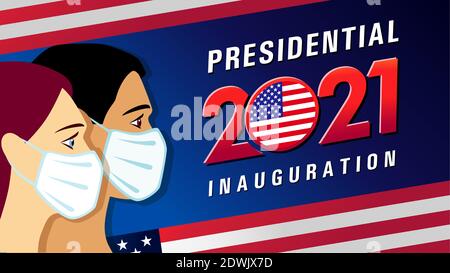 Präsidentenerweihung USA, Januar 2021 mit Menschen in Maske und Flagge. Kreative Sperre, soziale Distanzierung US-Präsident Amtseinführung Banner Stock Vektor