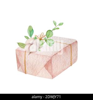 Handbemaltes weihnachtsgeschenk auf weißem Hintergrund isoliert verpackt. Stockfoto