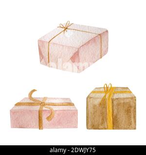 Handbemalte weihnachtsgeschenke isoliert auf weißem Hintergrund gewickelt. Stockfoto