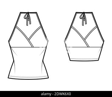 Set von Camisoles Halfter Hals Surplice Tanks technische Mode Illustration mit Empire-Naht, Schleife, Slim Fit, Crop, Tunika Länge. Flattop Schablone vorne, weiß. Frauen Männer CAD Mockup Stock Vektor