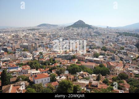 Blick über die Stadt von der Akropolis in Athen, Griechenland. Panorama von Athen Stockfoto