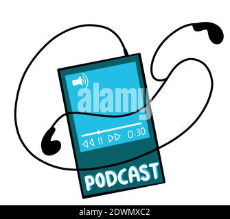 Smartphone und Kopfhörer mit einer Anwendung zum Anhören von Podcast Illustration. Vektor Doodle Stil Illustration Stock Vektor