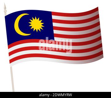 Vektor winkende Flagge auf einem Fahnenmast. Die Nationalflagge von Malaysia. Farbsymbol auf Weiß isoliert. Stock Vektor