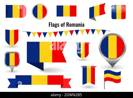 Eine große Reihe von Symbolen und Zeichen mit der Flagge der Rumänien. Quadratische und runde rumänische Flagge. Sammlung von verschiedenen Arten von horizontalen und vertikalen. Stock Vektor