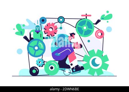 Der Typ fährt einen Mechanismus in Form von Zahnrädern Stock Vektor