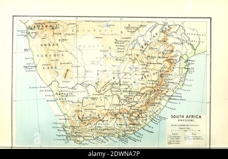 Alte physische Landkarte von Südafrika (1895) aus dem Buch "der Atlas der Burg von Südafrika" : Eine Serie von 16 Tafeln, gedruckt in Farbe, mit 30 Karten und Diagramme, mit einem Bericht über die geographischen Merkmale, das Klima, die Mineral-und andere Ressourcen, und die Geschichte von Südafrika. Und ein Index von über 6,000 Namen Stockfoto