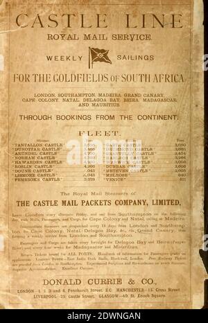 Castle Line Royal Mail Service Anzeige und Flottendetails (1895) aus dem Buch "The Castle Line Atlas of South Africa" : Eine Serie von 16 Tafeln, gedruckt in Farbe, mit 30 Karten und Diagramme, mit einem Bericht über die geographischen Merkmale, das Klima, die Mineral-und andere Ressourcen, und die Geschichte von Südafrika. Und ein Index von über 6,000 Namen Stockfoto