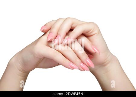 Weibliche Hände mit Frauen professionelle natürliche perfekte Nägel Maniküre auf weißem Hintergrund isoliert. Stockfoto