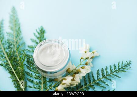 Natürliche kosmetische Creme-Glas und grüne Pflanzenblätter auf blauem Hintergrund mit Kopieplatz. Organische Kosmetologie kreatives Konzept. Stockfoto