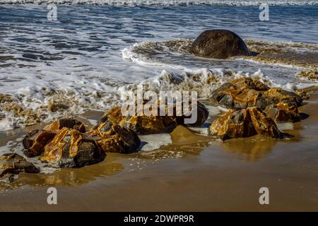 Geologische Kalzitbetonungen bekannt als Moeraki Boulders, am Koekohe Beach, Otago Küste in Neuseeland. Mit gebrochenen offenen Felsbrocken. Stockfoto