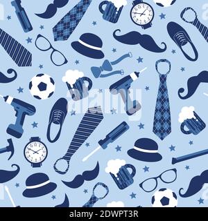 Nahtlose Muster der Väter Tag. Flache Symbole auf blauem Hintergrund. Stock Vektor