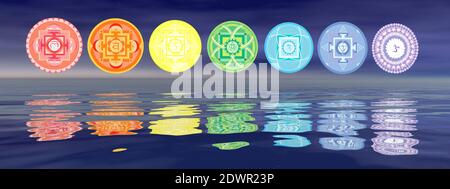 Sieben Chakra Symbole Linie - 3D Rendering Stockfoto