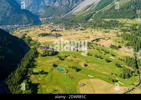 Bormio, Sportzentrum, Valtellina (IT), Panorama-Luftaufnahme Stockfoto